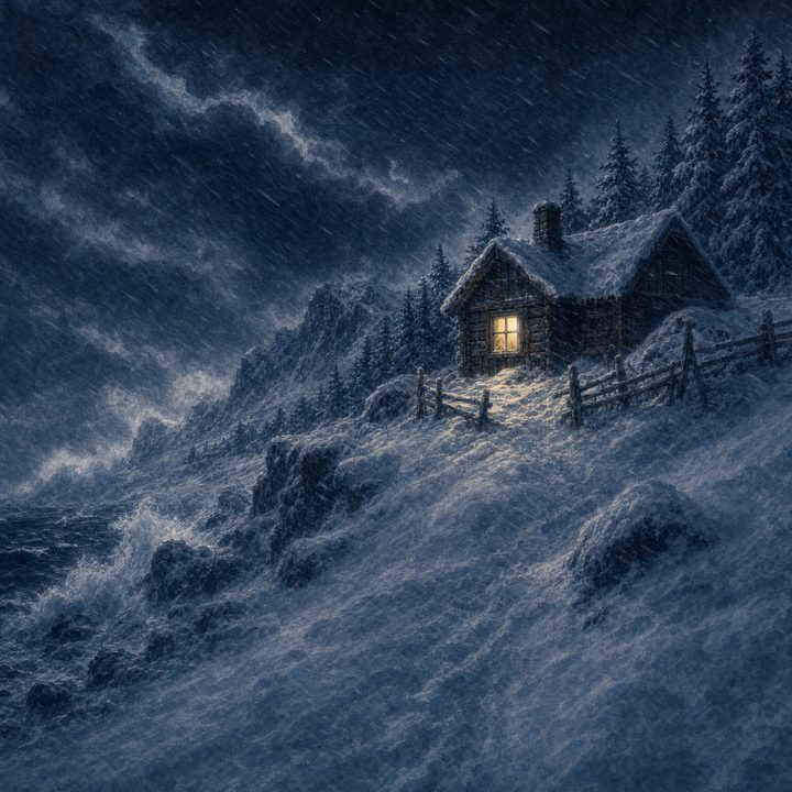 A watercolor illustration of a small, warmly lit cabin on a snowy cliffside during a storm, from the Tales of the North series.
