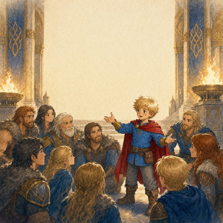 A boy telling an animated story to a circle of villagers in a golden hall, from the Tales of the North series.