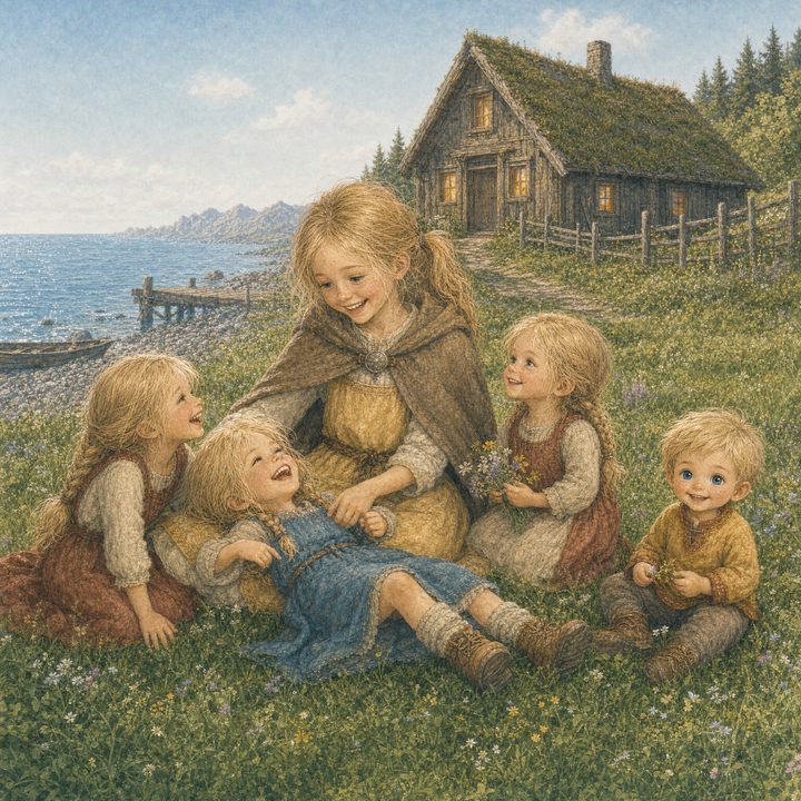 A watercolor illustration of a girl and her younger siblings sitting together in a wildflower meadow by the sea, from the Tales of the North series.