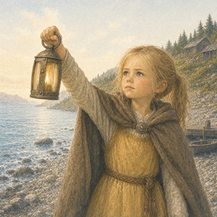 A young girl in a cloak holding up a lit lantern on a rocky shore at dusk, from the Tales of the North series.