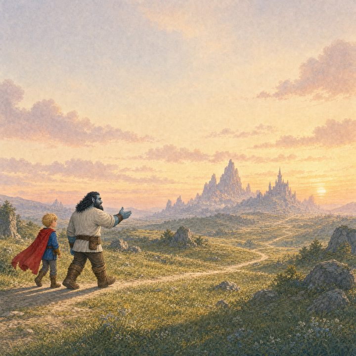 A watercolor illustration of a giant walking alongside a young boy across a sunlit meadow, pointing toward distant mountains.
