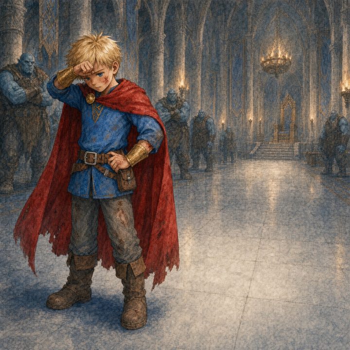 A weary young boy in a red cape wiping his brow in a great hall lined with giants, from the Tales of the North series.