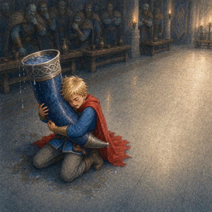 A watercolor illustration of a boy drinking from an enormous horn in the Giant King's hall, from the Tales of the North series.