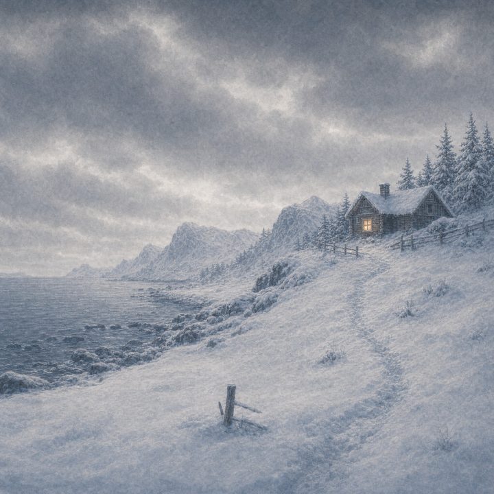 A watercolor illustration of a snowy coastal path leading to a small cabin glowing warmly in the mountains, from the Tales of the North series.
