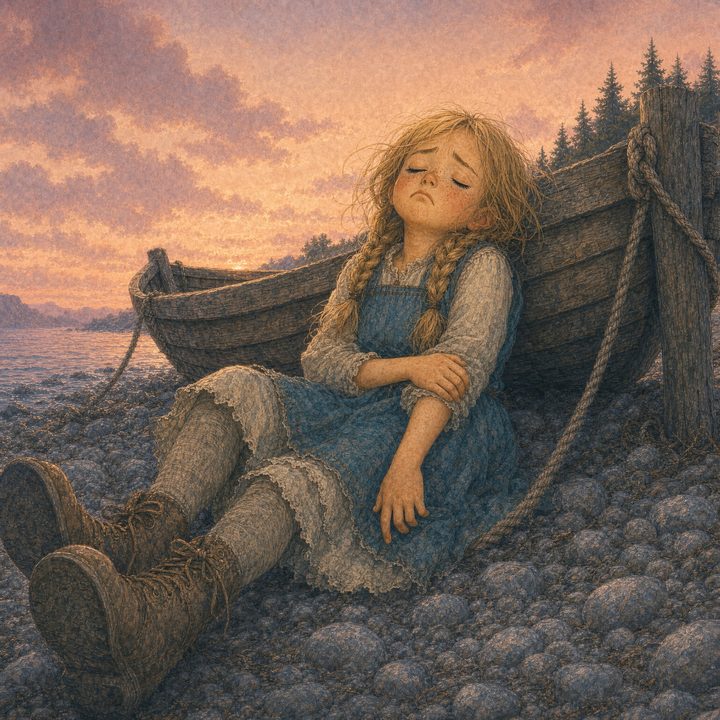 A young girl in braids sitting sadly against a rowboat on a rocky shore at sunset, from the Tales of the North series.