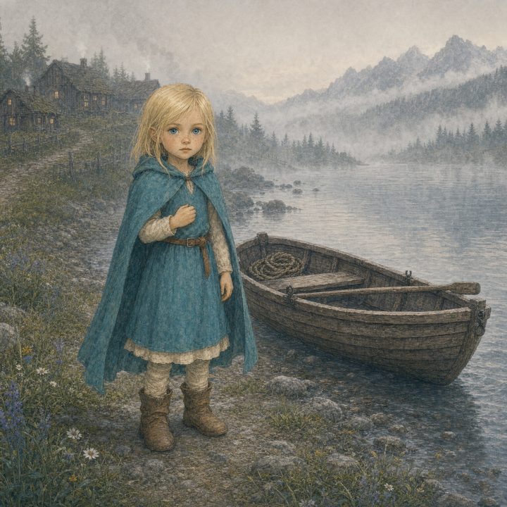 A young girl in a hooded cloak standing beside a rowboat on a misty shore, from the Tales of the North series.