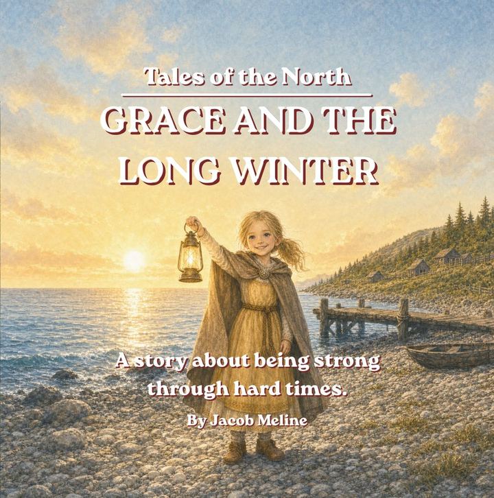 Grace and the Long Winter book cover — a girl holding a lit lantern on a rocky shore at dusk