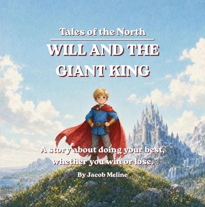 Will and the Giant King book cover — a boy in a blue tunic and red cape standing on a hill before a distant castle