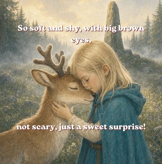 Illustration of Emma meeting a gentle reindeer in the misty forest of Black Fog Isle