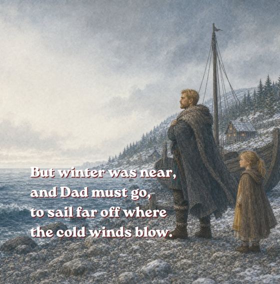 Illustration of a father saying goodbye to his family before sailing off across a wintry sea