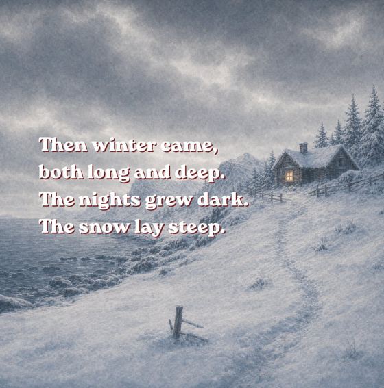 Illustration of a snowy village at night, with Grace's cabin glowing warmly among the drifts
