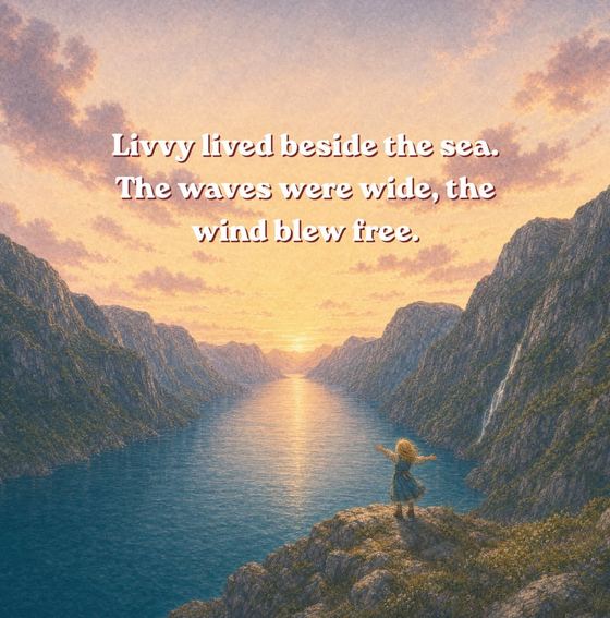 Illustration of Livvy standing beside the sea, with waves and a boat on the shore