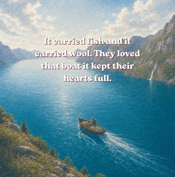 Illustration of a small rowboat carrying fish and wool across a calm fjord