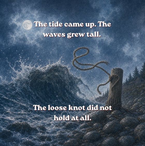Illustration of a stormy night with tall waves crashing near the shore
