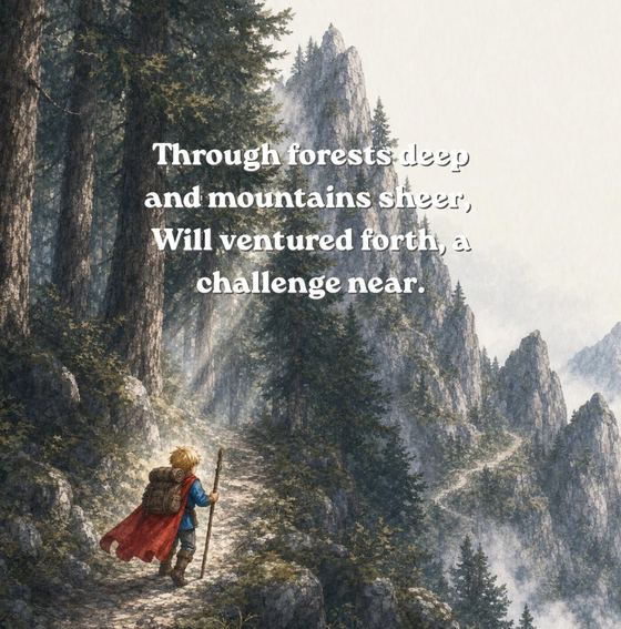 Illustration of Will walking through deep forests and steep mountains toward a distant castle