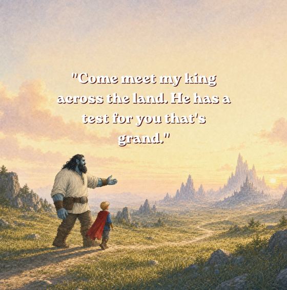 Illustration of a giant walking with young Will across a rainbow bridge toward a towering ice castle