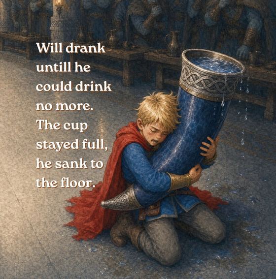 Illustration of Will attempting to drink from an enormous horn in the Giant King's hall